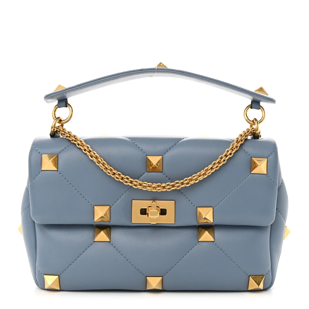 Valentino Garavani Bolsa de Ombro Large Roman Stud em Couro Nappa Niagara com Hardware Dourado