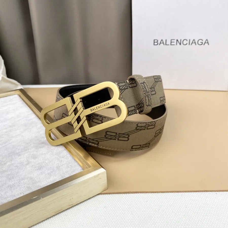 Balenciaga Men's BB Signature Belt In Black/Beige Bb Monogram Coated Canvas With Gold/Silver Hardware 38mm