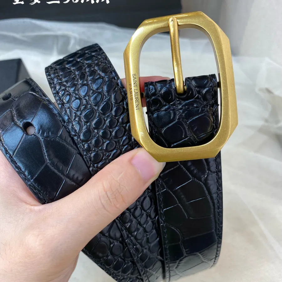 Saint Laurent Frame Buckle Thin Belt In Black Calfskin With Gold Hardware 30mm