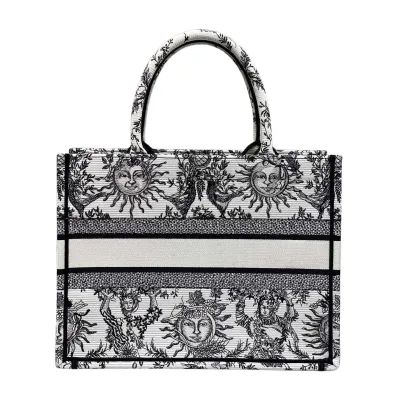Dior Medium Dior Book Tote White Black/Navy Blue Soleil Embroidered Canvas
