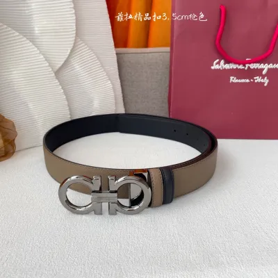 Ferragamo Men's Double Gancini Buckle Reversible Belt In Khaki/Black Calfskin With Gold/Silver/Gun Black Hardware 35mm