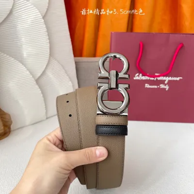 Ferragamo Men's Double Gancini Buckle Reversible Belt In Khaki/Black Calfskin With Gold/Silver/Gun Black Hardware 35mm