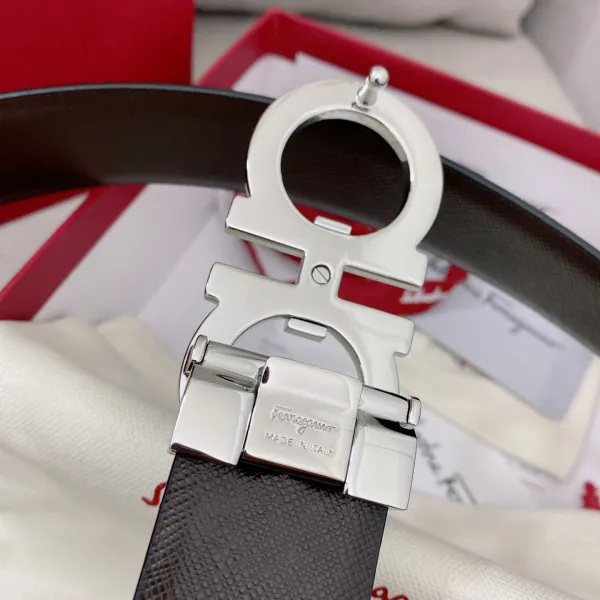 Ferragamo Men's Double Gancini Buckle Belt In Black/Coffee Grained Calfskin With Silver Hardware 35mm - Image 7