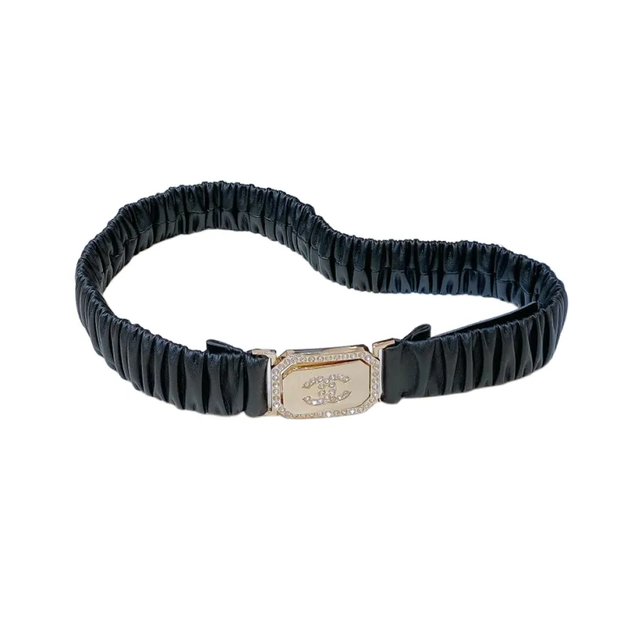Chanel 23S Women's Crystal Rectangle Buckle Elastic Belt In Black Calfskin With Light Gold Hardware 30mm
