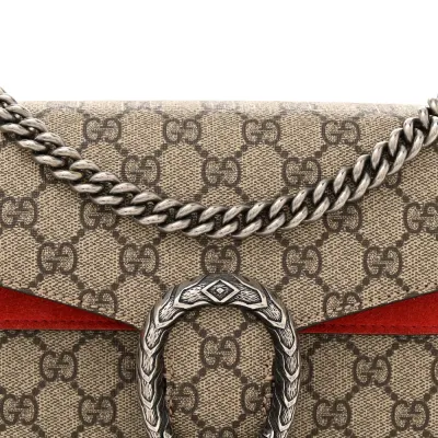 Gucci Small Dionysus Shoulder Bag Red GG Supreme Monogram Coated Canvas Aged Silver Hardware