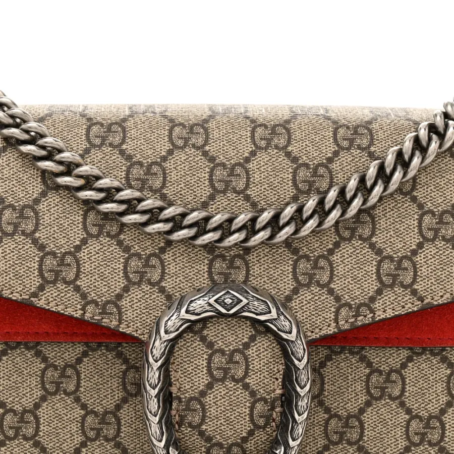 Gucci Small Dionysus Shoulder Bag Red GG Supreme Monogram Coated Canvas Aged Silver Hardware