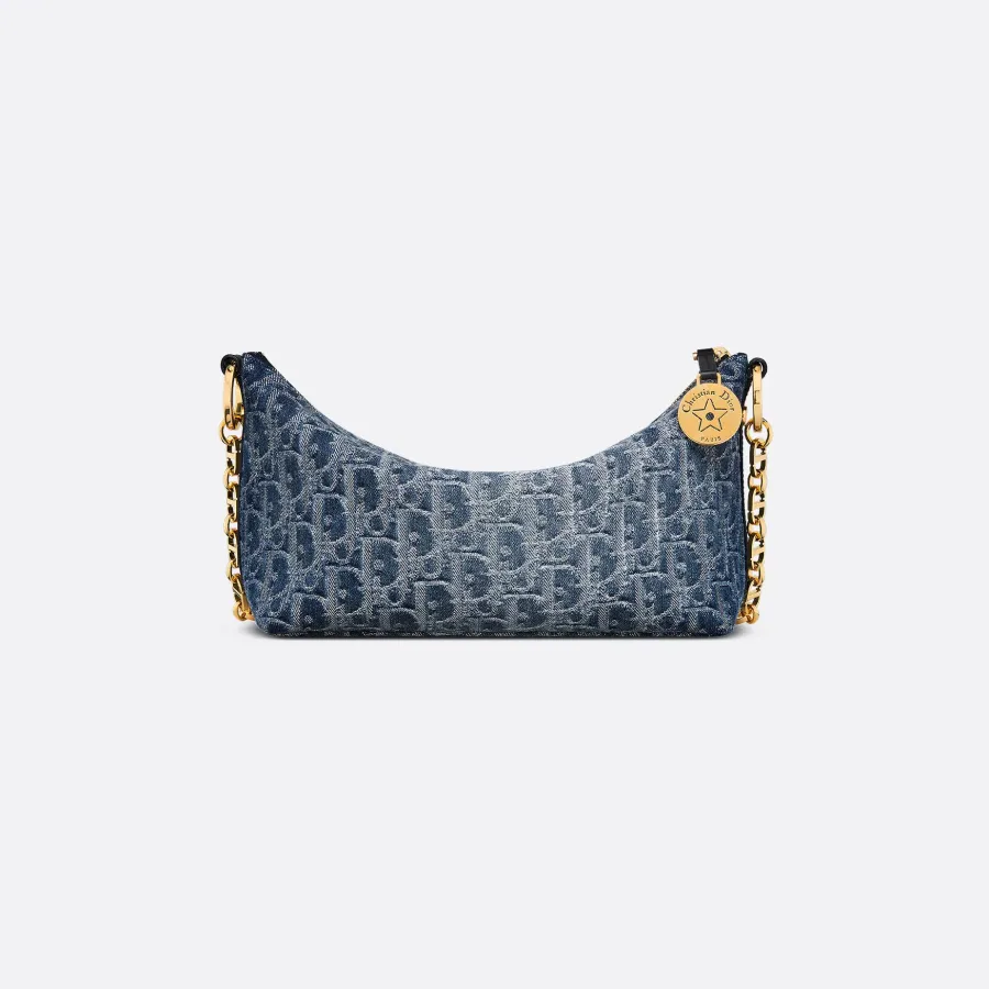 Dior Diorstar Hobo With Chain Denim Blue And White Oblique Canvas Gold Hardware