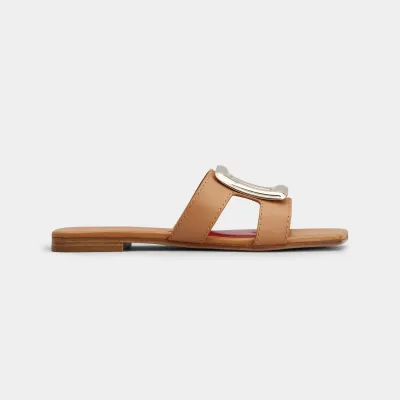 Roger Vivier Viv' By The Sea Mules Flats In Orange Leather With Metal Buckle