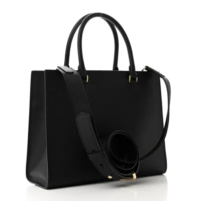 Prada Medium Lux Logo Embossed Shoulder Tote Handbag Black Saffiano Leather