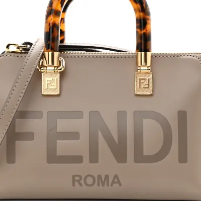 Fendi Mini Logo Embossed By The Way Top Handle Boston Bag Tortora King Vitello Leather & Plexiglass Gold Hardware