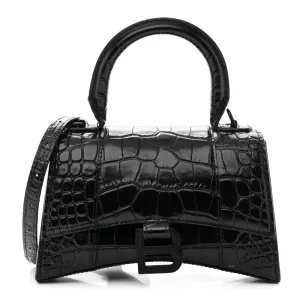 Balenciaga XS Hourglass Top Handle Bag Black Monochrome Crocodile Embossed Shiny Calfskin Leather Black Hardware