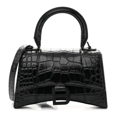 Balenciaga XS Hourglass Top Handle Bag Black Monochrome Crocodile Embossed Shiny Calfskin Leather Black Hardware