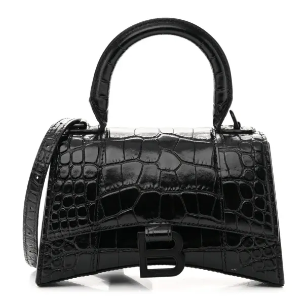 Balenciaga XS Hourglass Top Handle Bag Black Monochrome Crocodile Embossed Shiny Calfskin Leather Black Hardware