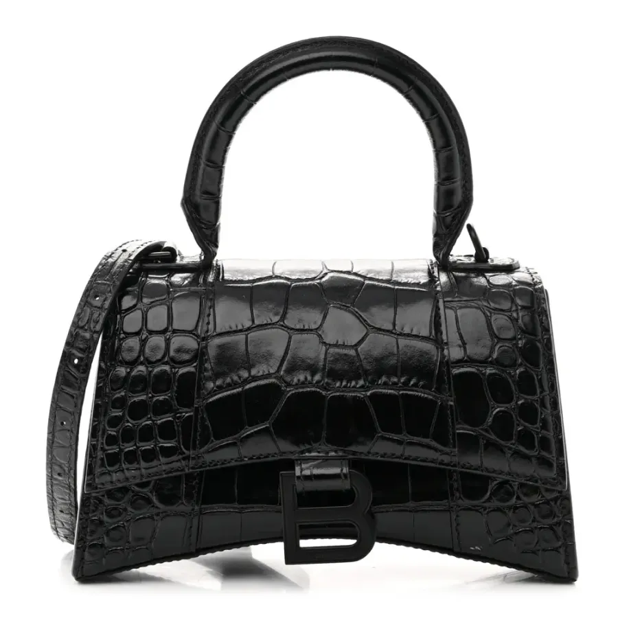 Balenciaga XS Hourglass Top Handle Bag Black Monochrome Crocodile Embossed Shiny Calfskin Leather Black Hardware