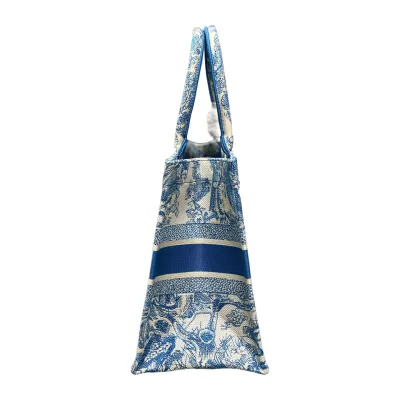 Dior Medium Dior Book Tote In White and Blue/Yarrow Pink/Green/Pink Toile de Jouy Sauvage Embroidery