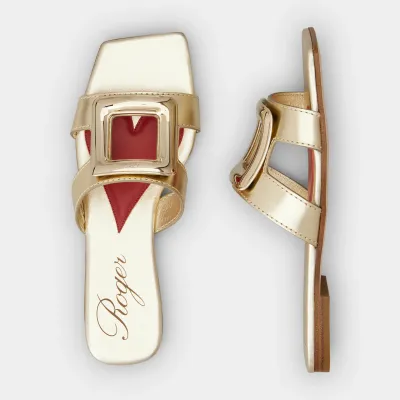 Roger Vivier Viv' By The Sea Mules Flats In Gold Leather With Metal Buckle