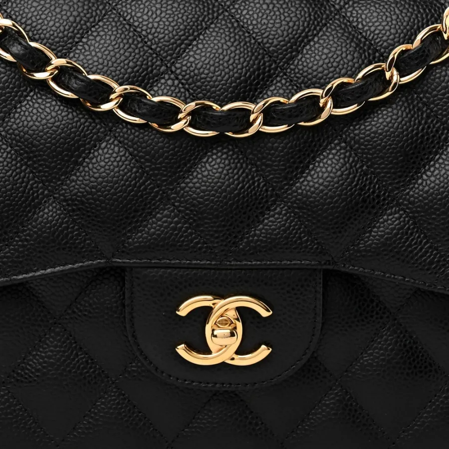 Chanel Double Flap Jumbo Black Quilted Caviar Leather Gold Hardware