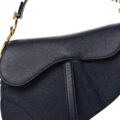 Dior Medium Saddle Bag Navy Blue Grained Calfskin Leather Gold Hardware