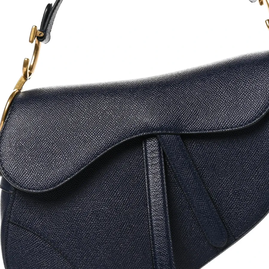 Dior Medium Saddle Bag Navy Blue Grained Calfskin Leather Gold Hardware