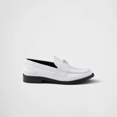 PRADA White shiny leather loafers