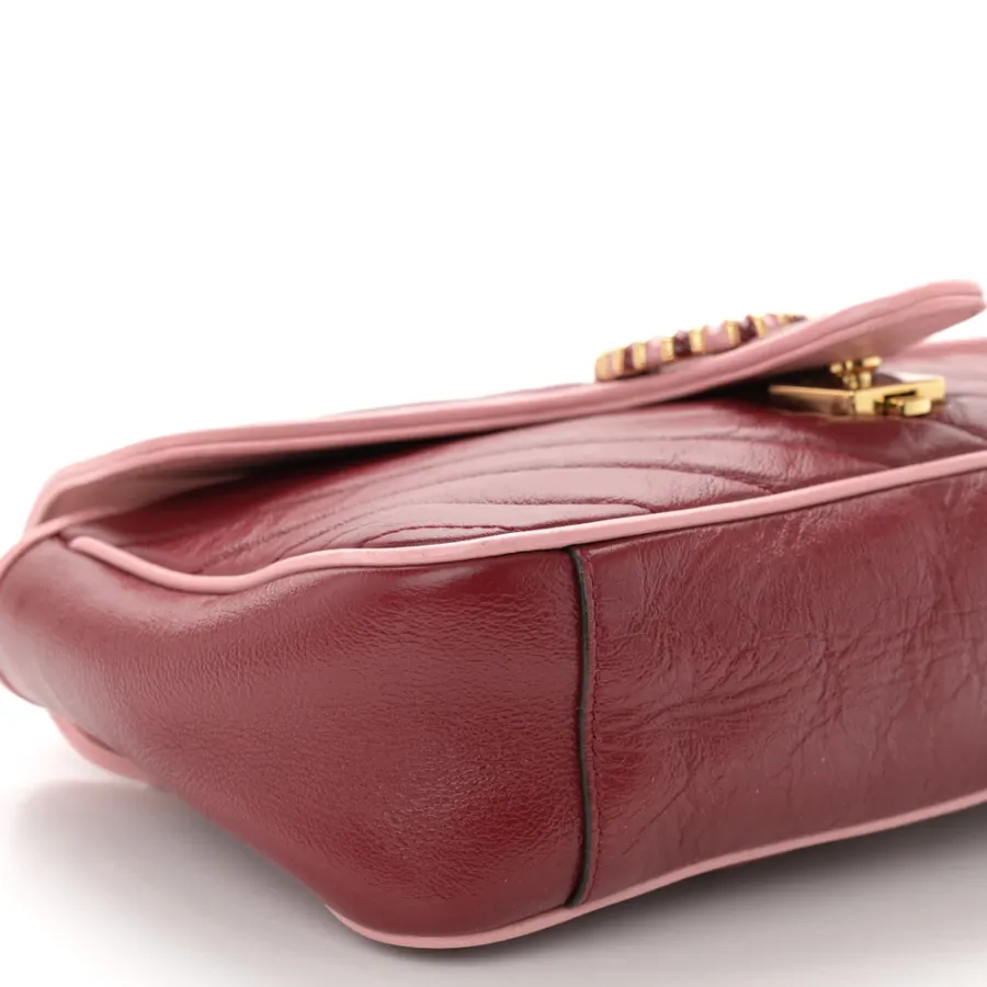 Gucci Small Diagonal Torchon GG Marmont Shoulder Bag New Cherry Red / Wild Rose Azalea Enamel Calfskin Matelassé Leather Gold Hardware