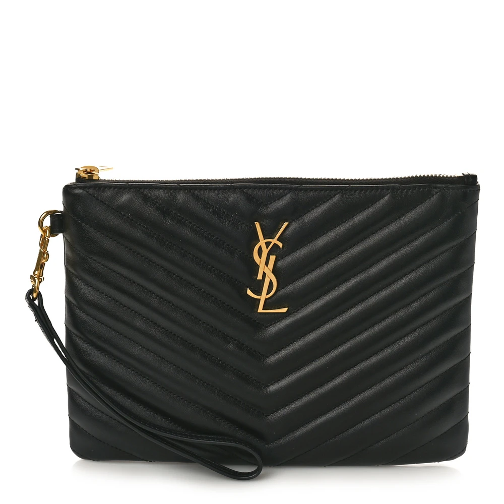Saint Laurent A5 Wristlet Médio Preto Chevron Monograma em Pele de Bezerro Matelassê com Acabamento Dourado