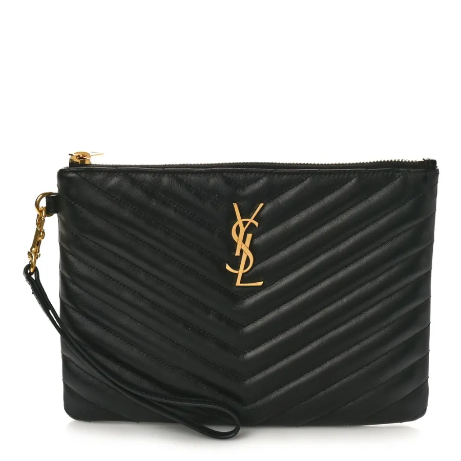 Saint Laurent Medium A5 Wristlet Black Chevron Monogram Calfskin Matelasse Leather Gold Hardware