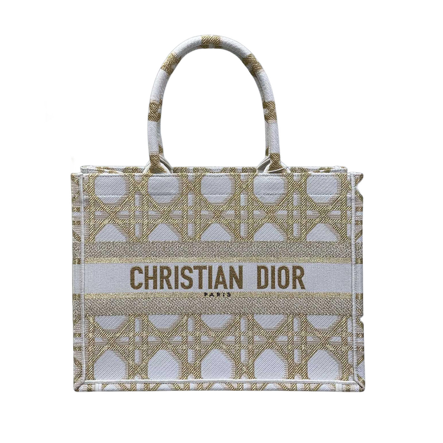 Dior Medium Dior Book Tote em Canvas Bordado Macrocannage Dourado e Branco