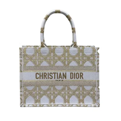 Dior Medium Dior Book Tote Gold-Tone and White Macrocannage Embroidered Canvas