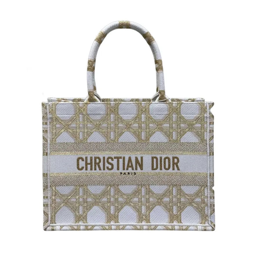 Dior Medium Dior Book Tote Gold-Tone and White Macrocannage Embroidered Canvas