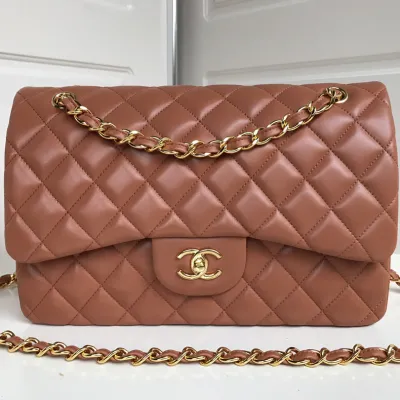 Chanel CF Caramel Colour / White Quilted Lambskin Leather Crossbody Bags