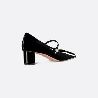 Dior black patent leather square head thick heel high heels shoes