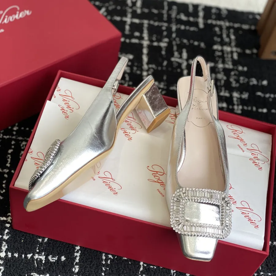 Roger Vivier Belle Viver Slingback Pumps High Heels In Silver Calfskin Leather With Crystal Buckle (Heel Height 4.5cm)