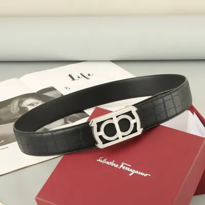 Ferragamo Men's Square Buckle With Crystal Belt In Black Crocodile-Embossed Calfskin With Gold/Silver Hardware 38mm