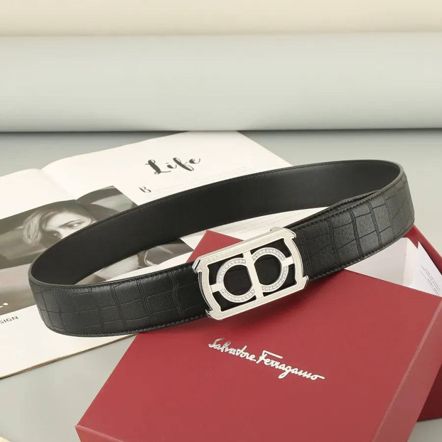 Ferragamo Men's Square Buckle With Crystal Belt In Black Crocodile-Embossed Calfskin With Gold/Silver Hardware 38mm