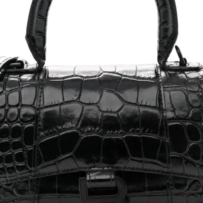 Balenciaga XS Hourglass Top Handle Bag Black Monochrome Crocodile Embossed Shiny Calfskin Leather Black Hardware