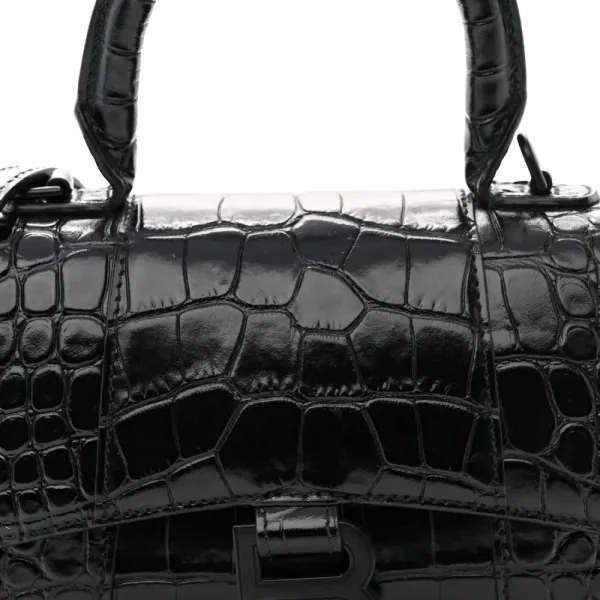 Balenciaga XS Hourglass Top Handle Bag Black Monochrome Crocodile Embossed Shiny Calfskin Leather Black Hardware - Image 8