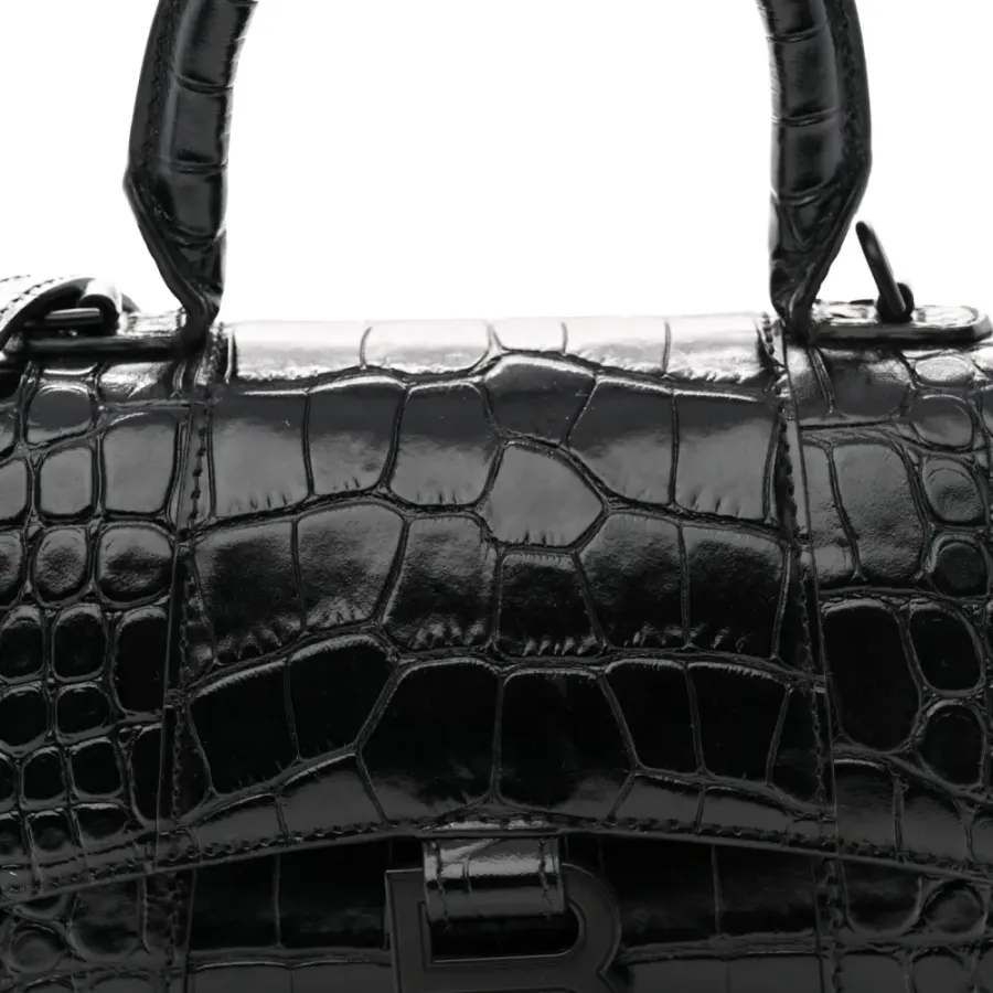 Balenciaga XS Hourglass Top Handle Bag Black Monochrome Crocodile Embossed Shiny Calfskin Leather Black Hardware