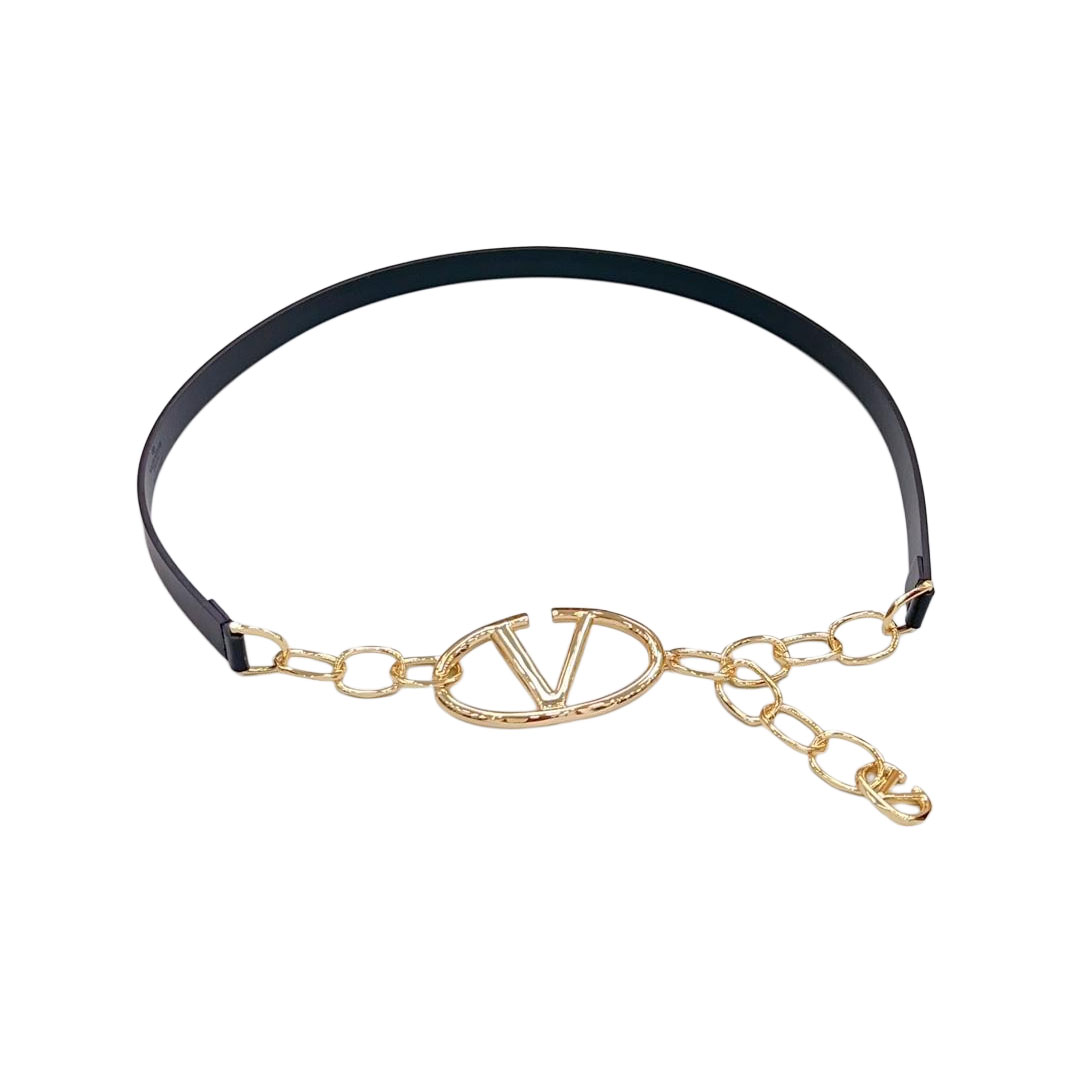 Valentino Cinto de Fivela e Corrente em Couro Bezerro Preto/Branco/Nude com Acabamento Dourado