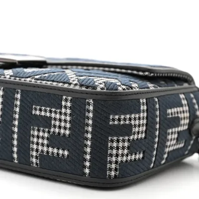 Fendi FF Embroidered Baguette Grigio / Anthracite Houndstooth Wool & King Vitello Leather Ruthenium Hardware