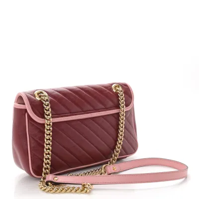 Gucci Small Diagonal Torchon GG Marmont Shoulder Bag New Cherry Red / Wild Rose Azalea Enamel Calfskin Matelassé Leather Gold Hardware