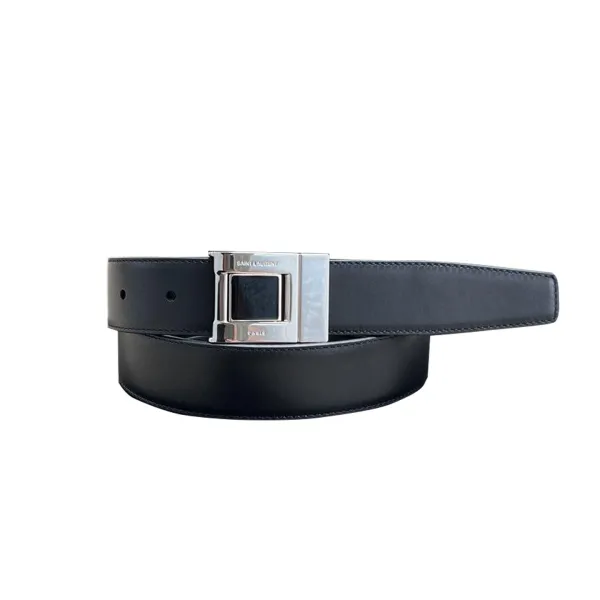 Saint Laurent Square Buckle Belt In Black/Burgundy Calfskin With Gold Hardware 30mm - Image 6