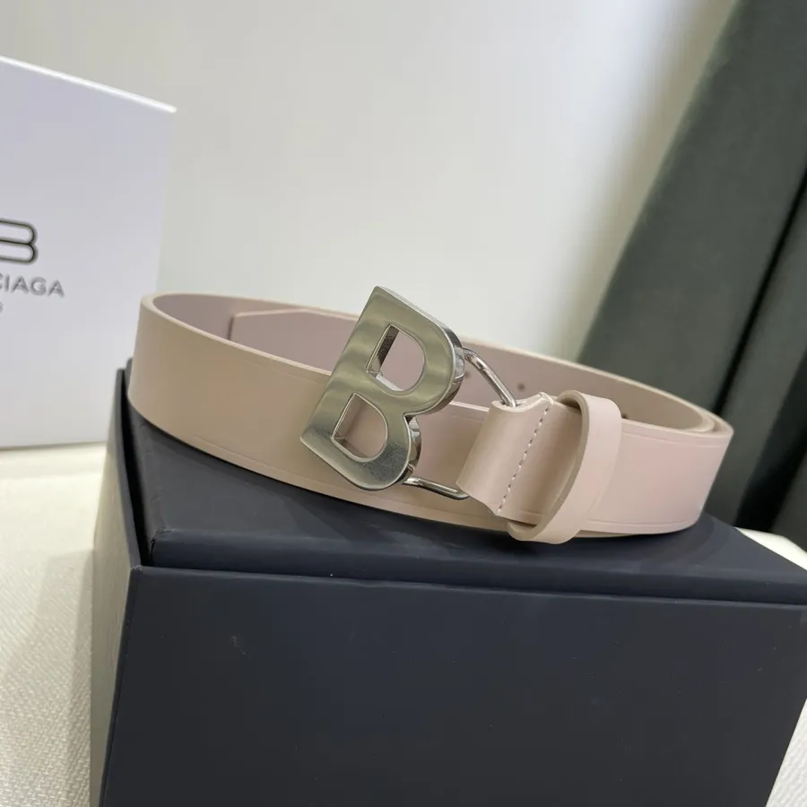 Balenciaga Women's Single B Buckle Belt In Pink/Pale Pink/Black Smooth Calfskin With Gold/Silver Hardware 30mm