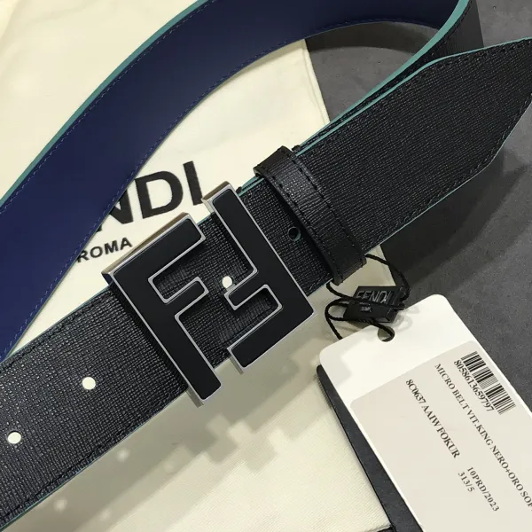 Fendi Men's Square FF Buckle Belt In Black/Blue Calfskin With Silver Hardware 40mm - Image 2