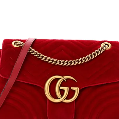 Gucci Medium GG Marmont Shoulder Bag Hibiscus Red Velvet Matelassé Leather Aged Gold Hardware