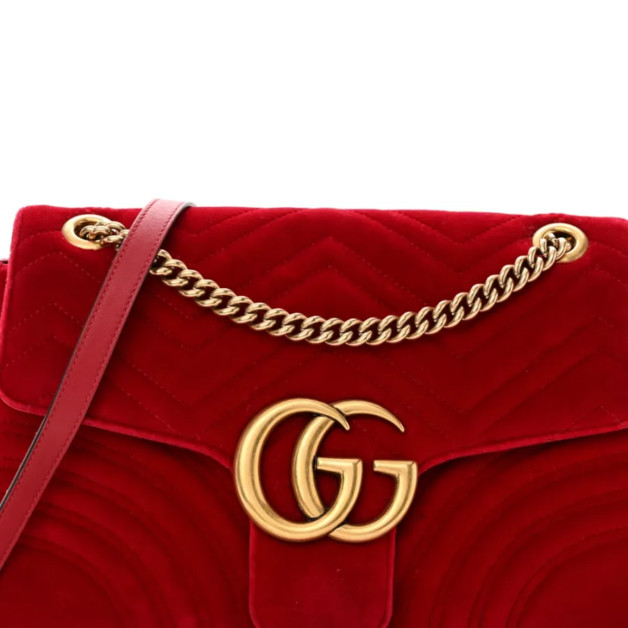 Gucci Medium GG Marmont Shoulder Bag Hibiscus Red Velvet Matelassé Leather Aged Gold Hardware