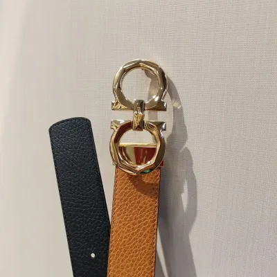 Ferragamo Men's Double Gancini Buckle Reversible Belt In Orange/Black/Brown/Blue Grained Calfskin With Gold/Silver Hardware 35mm