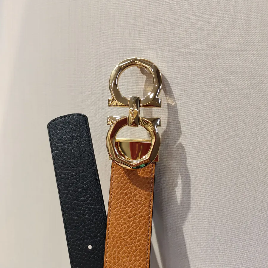 Ferragamo Men's Double Gancini Buckle Reversible Belt In Orange/Black/Brown/Blue Grained Calfskin With Gold/Silver Hardware 35mm