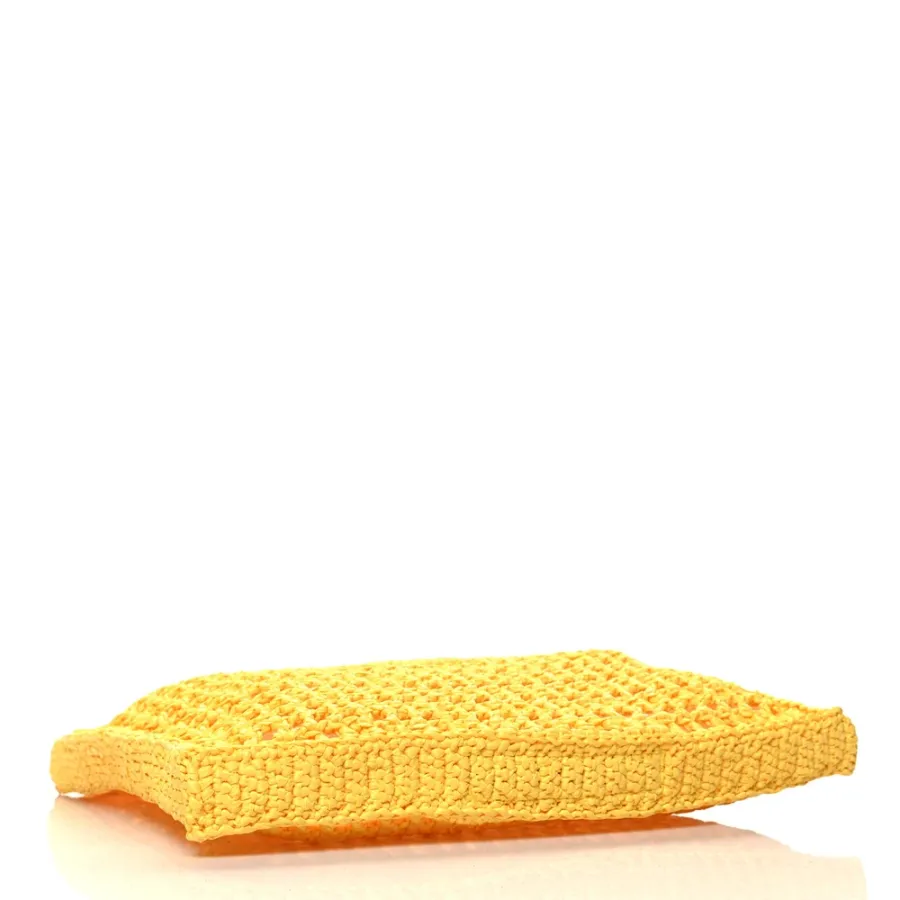 Prada Large Effect Crochet Logo Embroidered Tote Bag Giallo Yarn Raffia