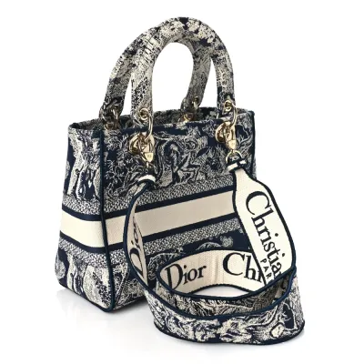 Dior Medium Toile De Jouy Lady D-Lite Blue Embroidered Canvas Gold Hardware